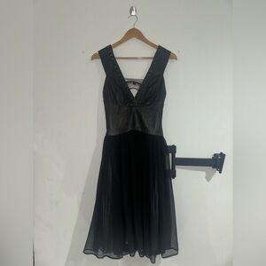 Black Studded Leather “Bolongaro Trevor” Chiffon Harness Dress V-Neck Size M